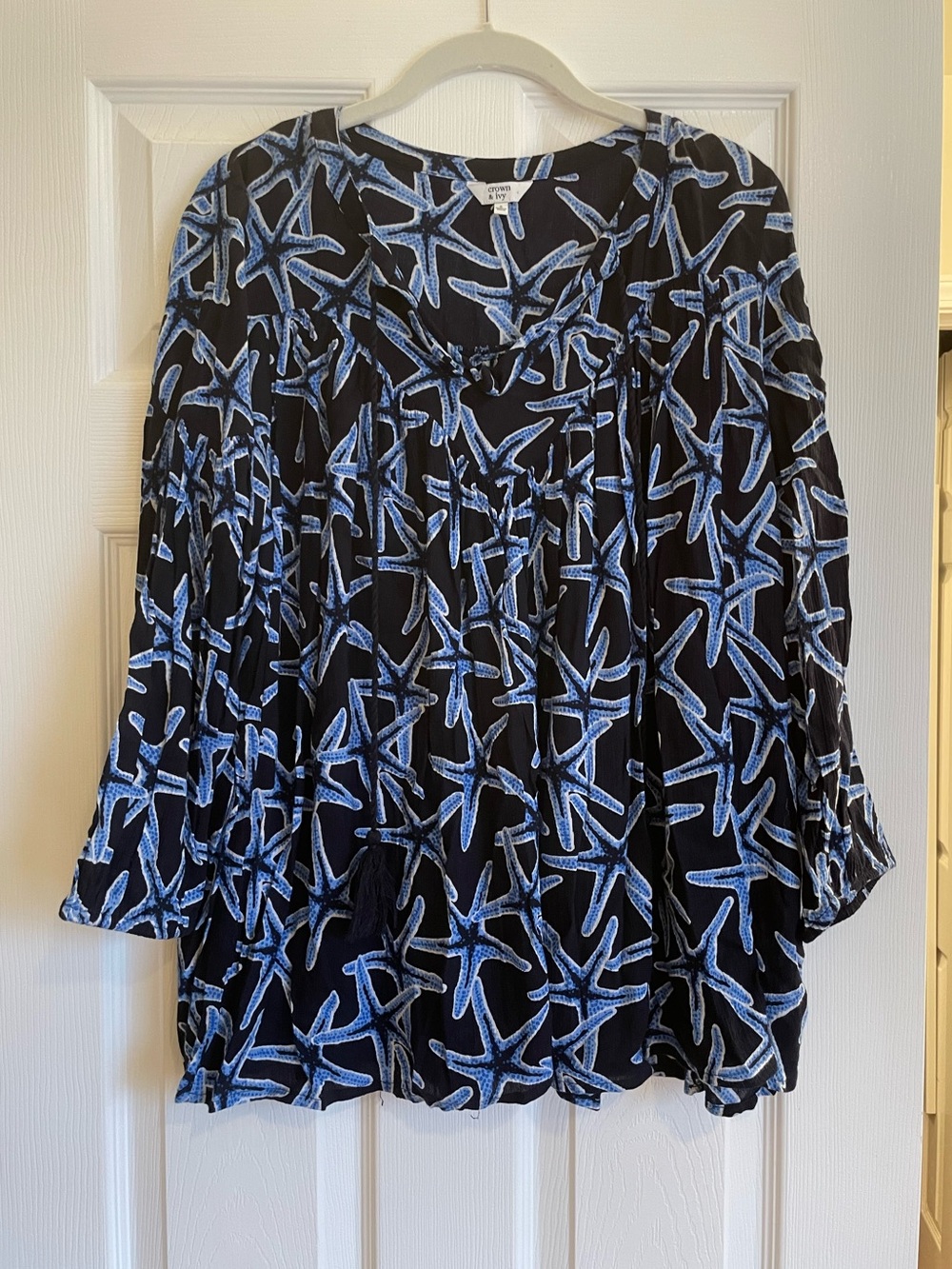 crown & ivy Black Blouse with Blue Starfish Print